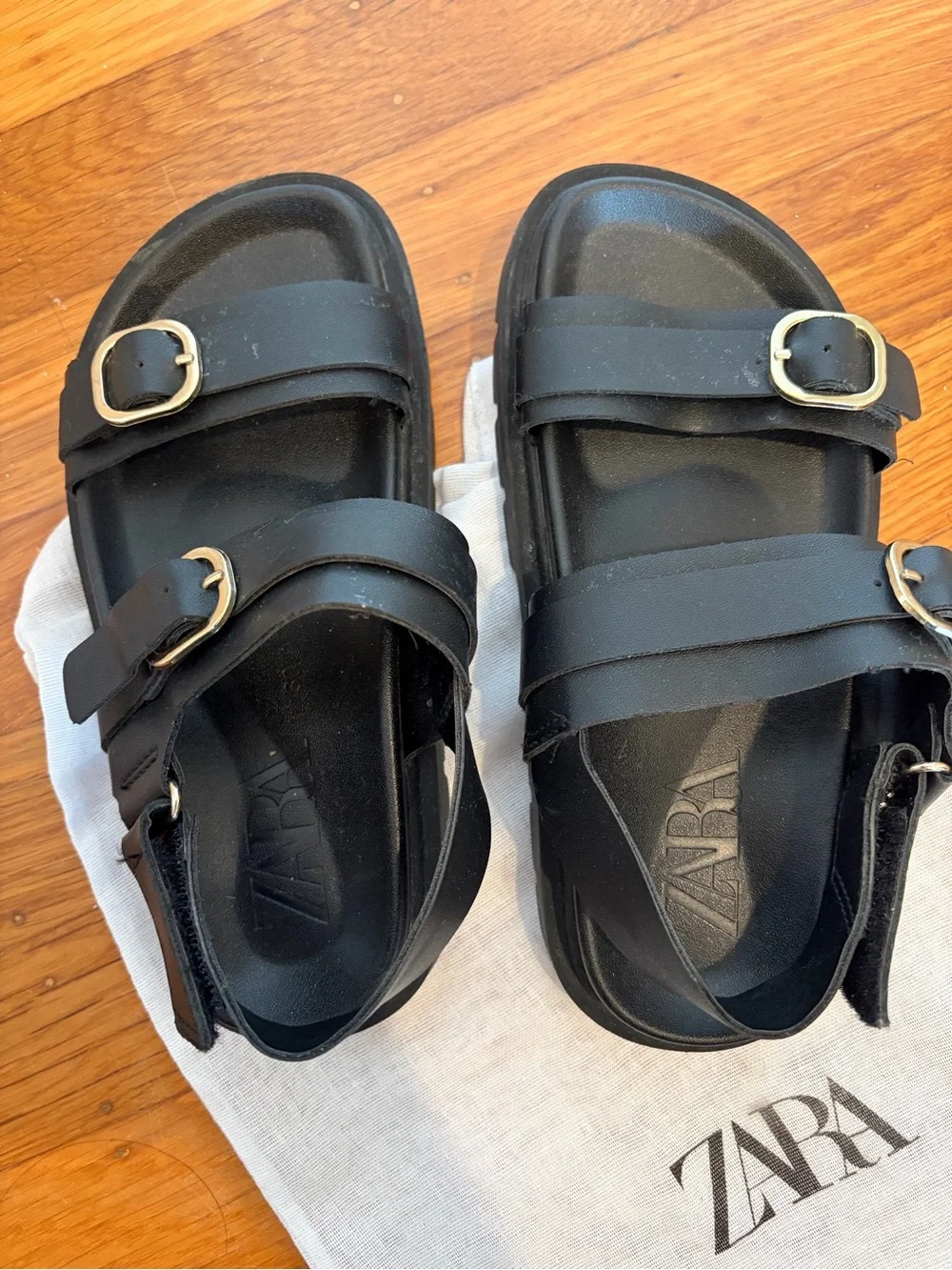 Zara Black Slide Sandals with Gold Buckles